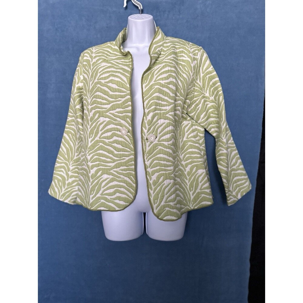 Trimdin Green & White Tropical Palm Leaf Print, Long Sleeve Jacket Open Front